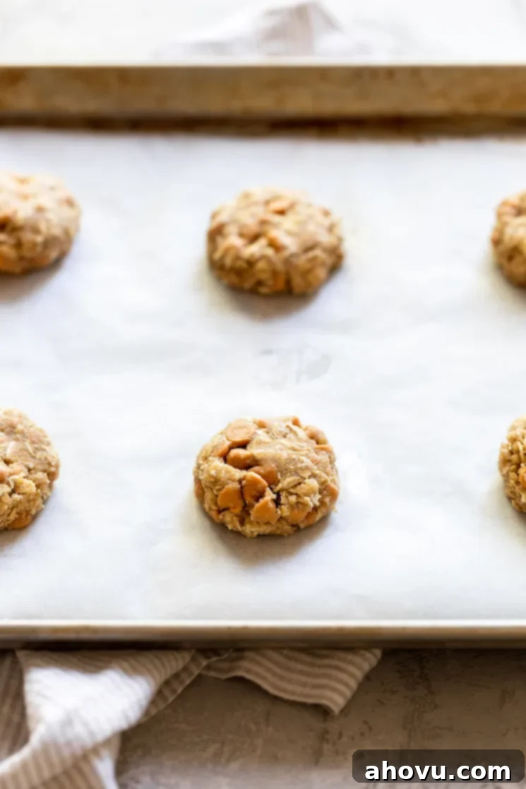 An antique baking pan lined with parchment paper with slightly flattened cookie dough ready to go into the oven.