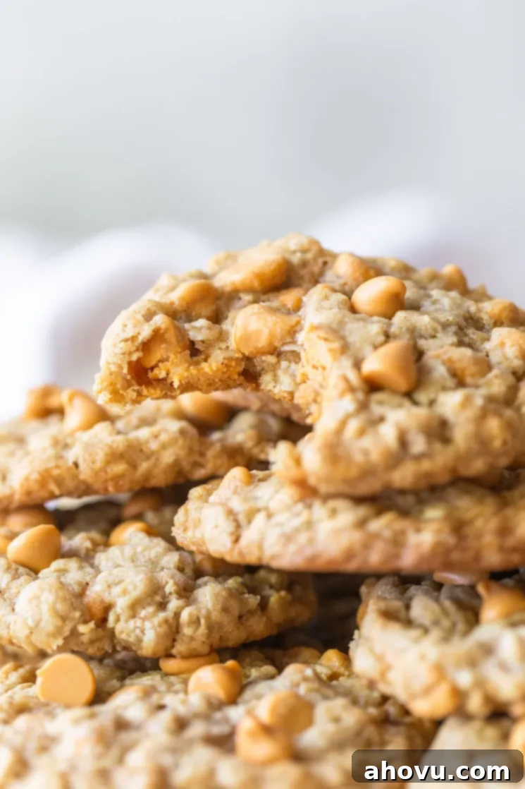 A stack of oatmeal scotchies with one having a bite taken out to see the inside detail of the cookie.