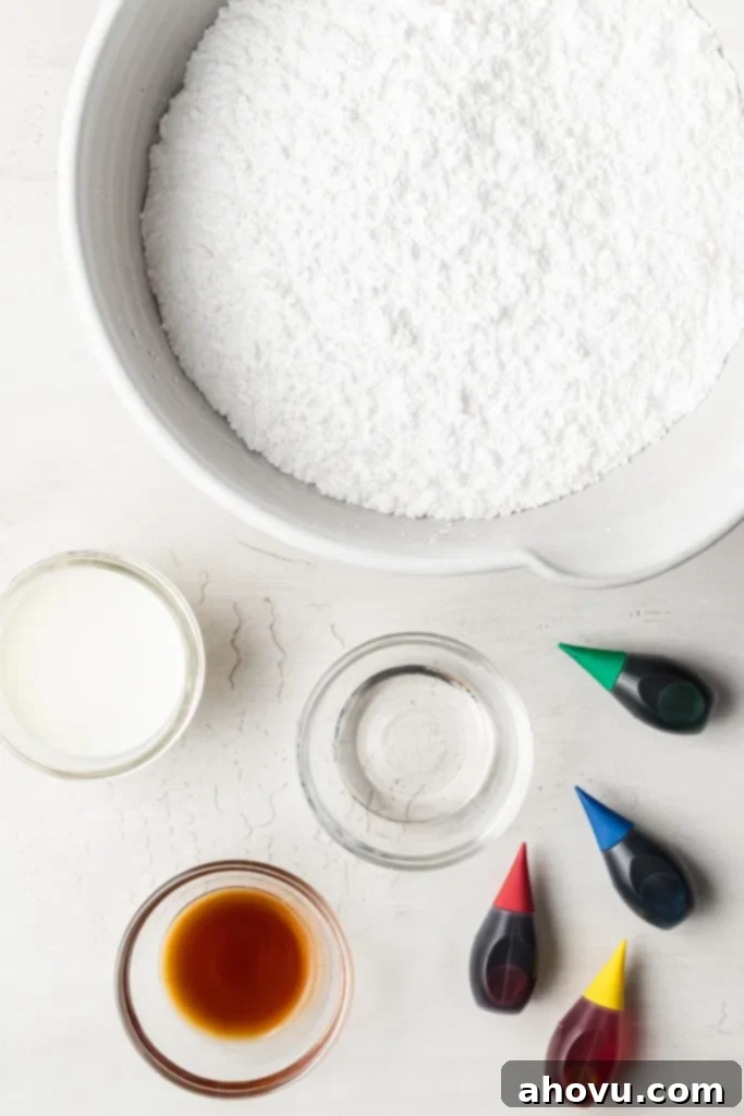 An overhead view of the ingredients needed to make sugar cookie icing.