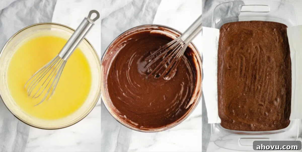 A collage image of the steps taken to make the fudge brownie layer.