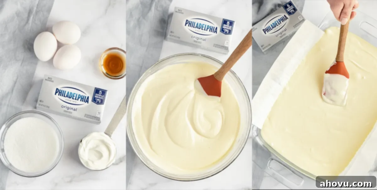 A collage image of the ingredients and steps to make the cheesecake layer.
