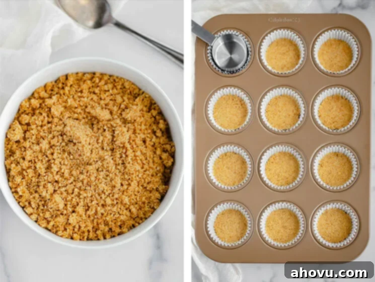 A collage image of the graham cracker crust mixed up in a bowl and pressed into a muffin pan.