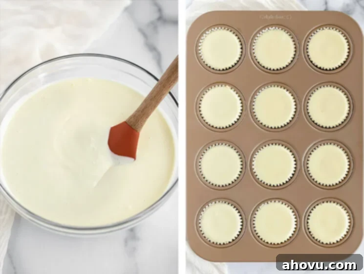 A collage image of the cheesecake filling in a bowl and baked in a muffin pan.