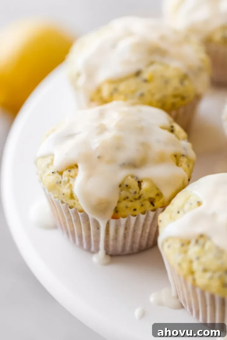 A close up of lemon poppy seed muffins with lemon glaze on top.