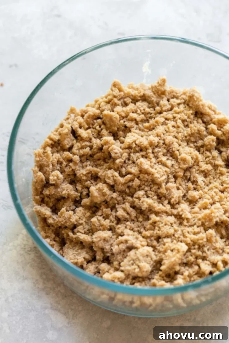 A bowl filled with streusel topping, showcasing its crumbly texture.