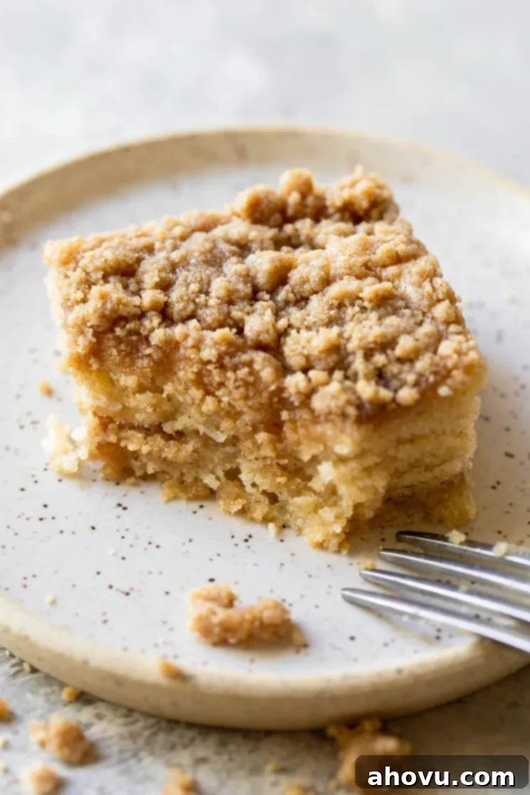 A single piece of coffee cake resting on a rustic plate with a bite taken out of the corner, showing the moist interior.