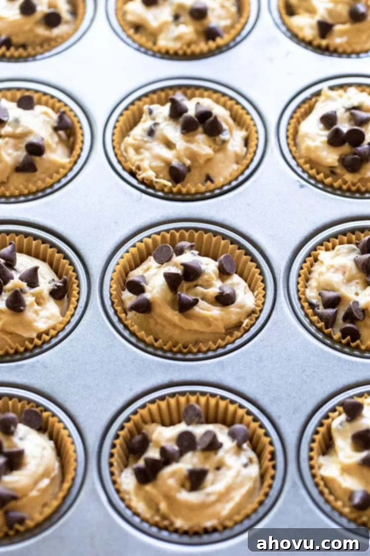 A 12-cup muffin pan neatly lined with paper cups, each generously filled to the brim with chocolate chip muffin batter and topped with extra chocolate chips.