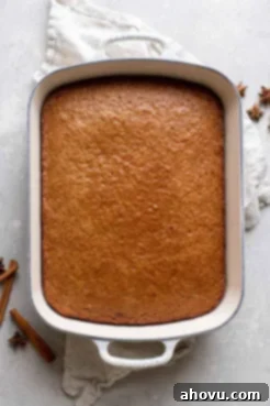 A warm, golden-brown spice cake, just removed from the oven and cooling on a wire rack, its fragrant steam gently rising, waiting to be frosted.