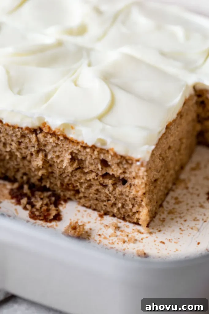 Golden Spiced Comfort 6 A close-up, side view of the moist, tender crumb of a homemade spice cake, with several pieces already removed from the baking pan, inviting a closer look at its texture.