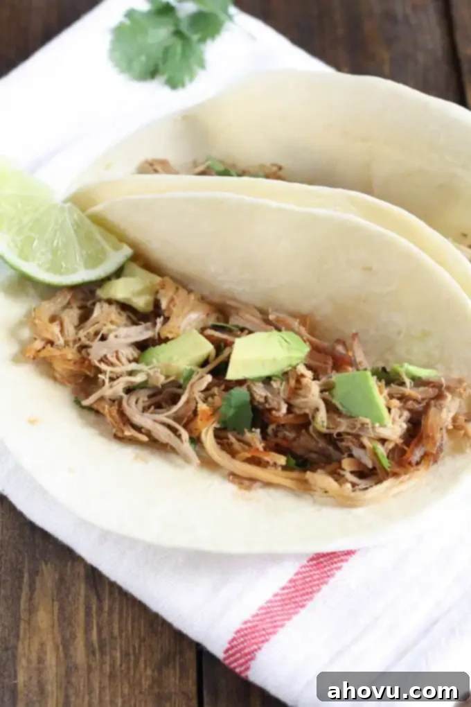 Crockpot pork carnitas meat inside of two flour tortillas topped with avocado. 