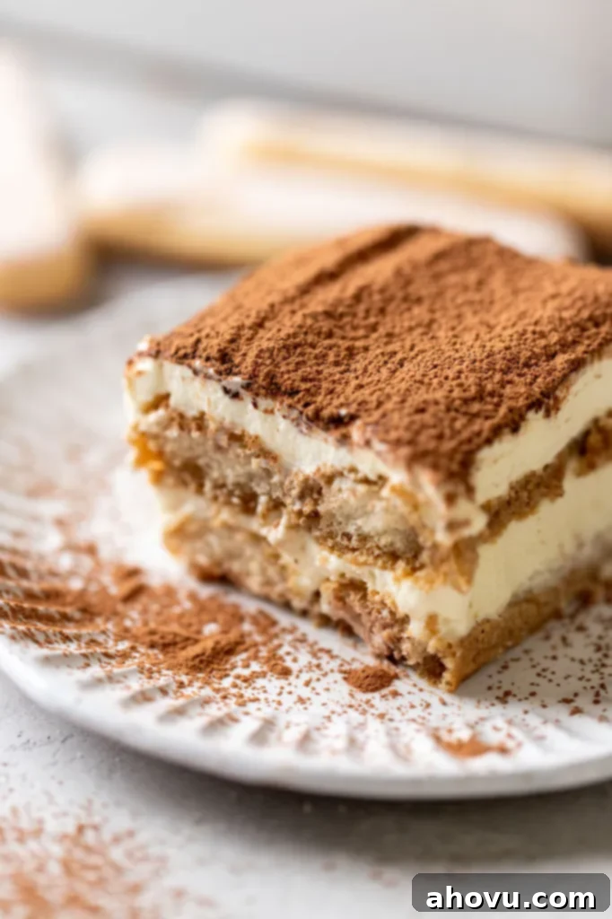 A slice of tiramisu on a white decorative plate. Three lady fingers rest in the background.