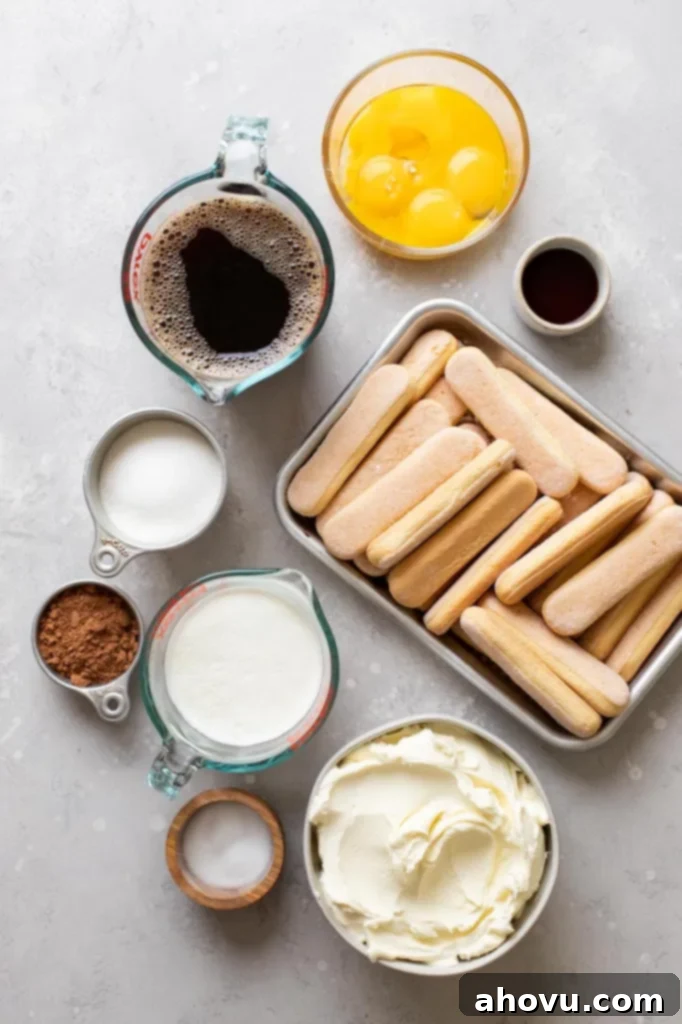 Overhead view of ingredients needed for the best tiramisu recipe. 