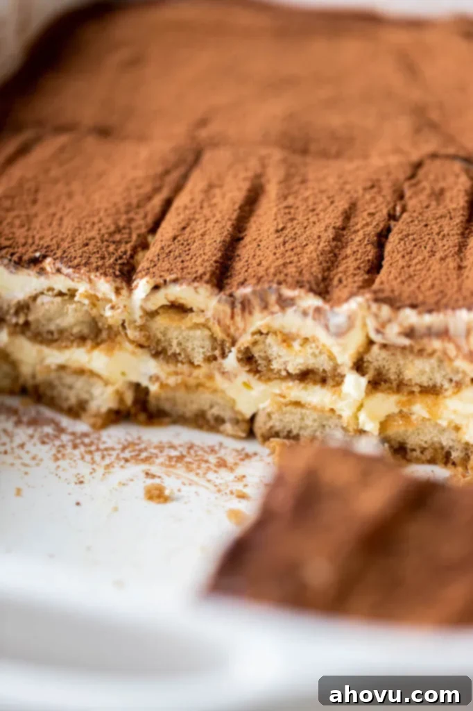 A baking dish of classic tiramisu. A few slices are missing from the front.