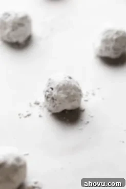 A baking sheet lined with parchment paper holding several balls of cookie dough that have been rolled in powdered sugar.