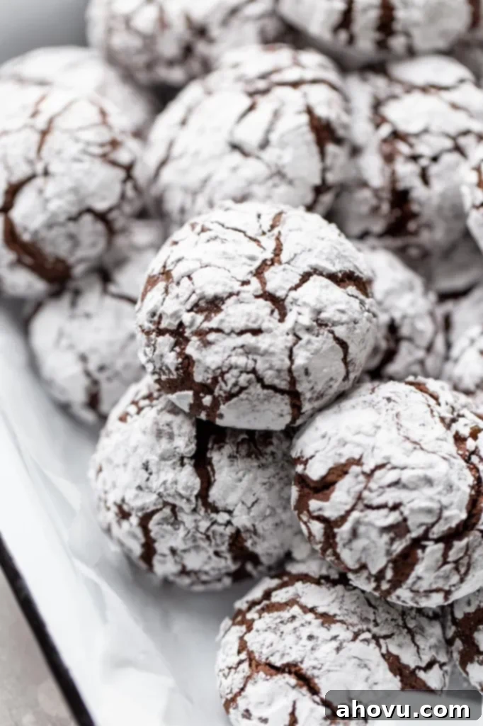 A serving dish filled with chocolate crinkle cookies.