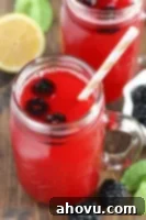 Homemade Blackberry Lemonade in a glass with fresh fruit