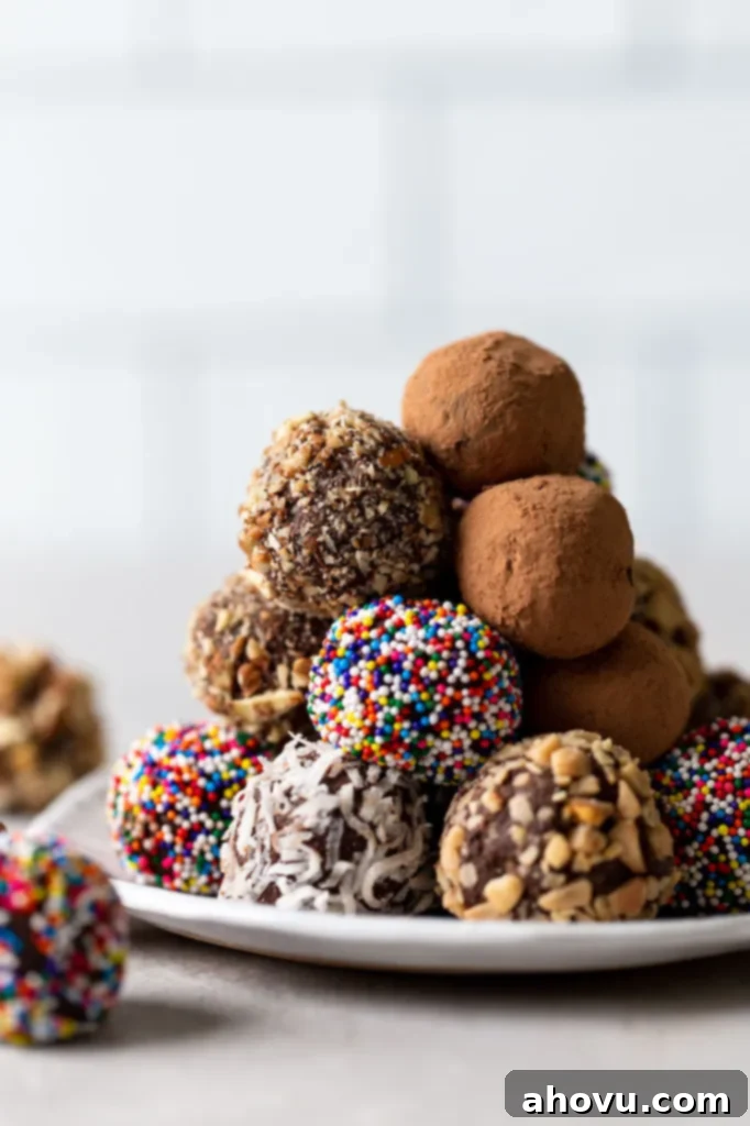 A beautiful assortment of homemade chocolate truffles displayed on a white dessert plate. The truffles are coated in various delightful toppings including cocoa powder, chopped nuts, and sprinkles.
