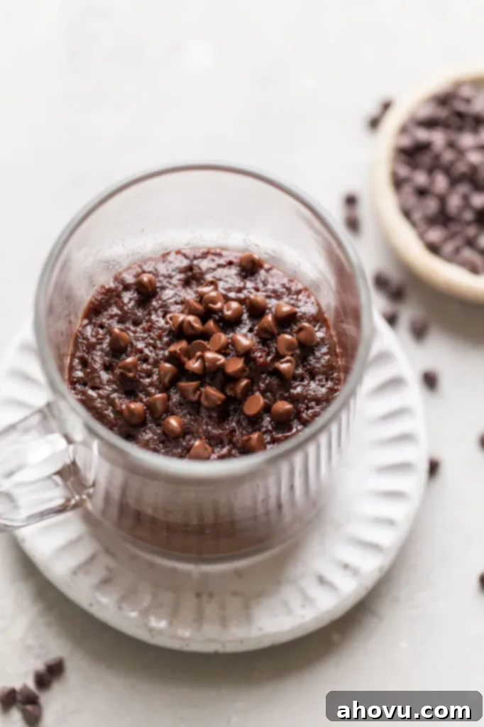 Decadent Mug Brownie 2 Overhead view of a microwave mug brownie in a glass mug. The mug sits on a white dessert plate, and a dish of mini chocolate chips rests on the side.