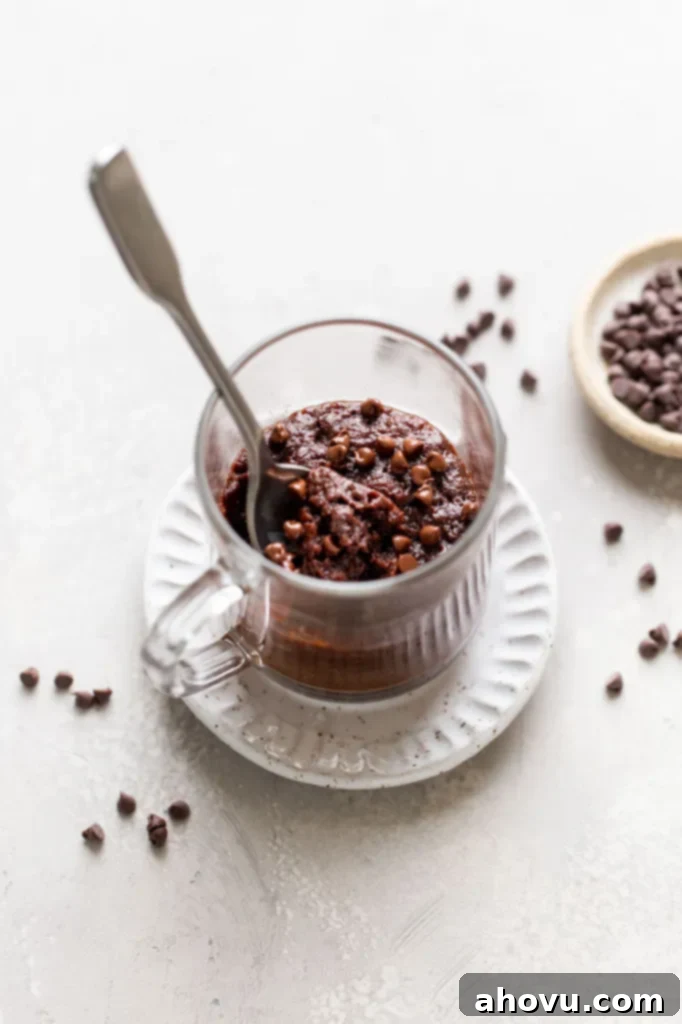 Decadent Mug Brownie 5 A gooey brownie in a mug, with a spoon sticking out. The mug is on a white dessert plate. Mini chocolate chips are scattered around, and they're also in a dish on the side.