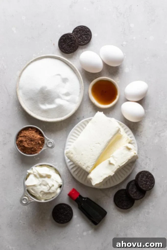 Overhead view of the ingredients needed to make a red velvet cheesecake. 