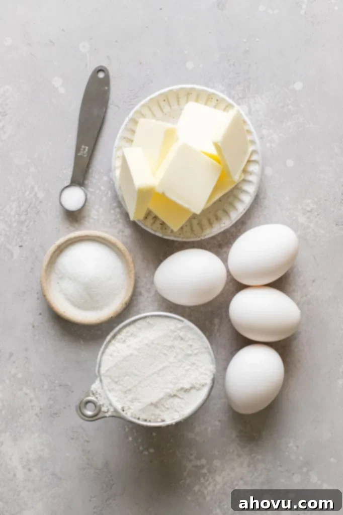 Overhead view of the ingredients needed to make a cream puff recipe. 