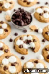 Several s'mores cookies on a piece of parchment paper. One cookie is broken in half. Chocolate chips, marshmallows, and graham crackers are around the cookies. Gooey s'mores cookies with melted chocolate and toasted marshmallows.