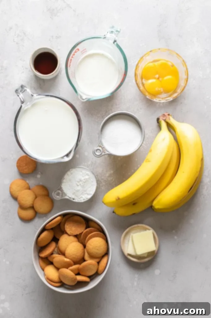 Overhead view of the ingredients needed to make homemade banana pudding. 