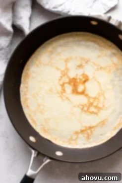 Overhead view of a cooked homemade crepe in a nonstick skillet.