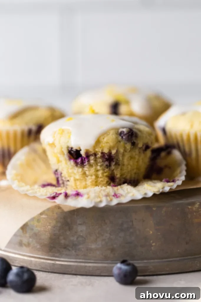 Four lemon blueberry muffins on an overturned cake tin, viewed from the side. Each muffin is perfectly domed and features a generous drizzle of lemon glaze and visible blueberries.