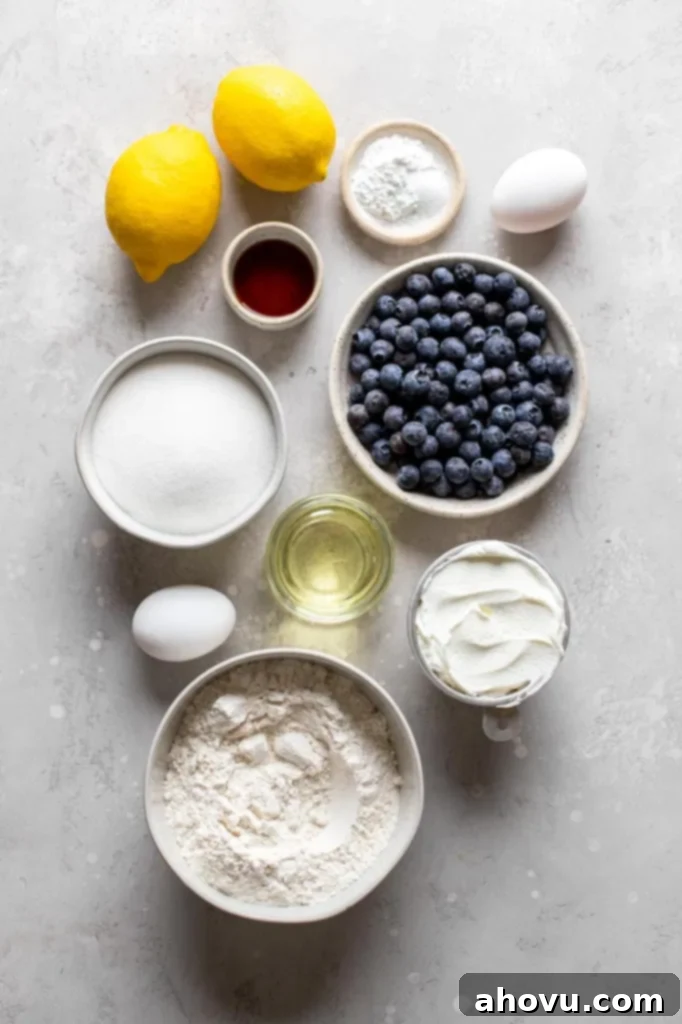Overhead view of all the fresh ingredients needed to make lemon blueberry muffins with sour cream, including lemons, blueberries, eggs, and bowls of dry ingredients.