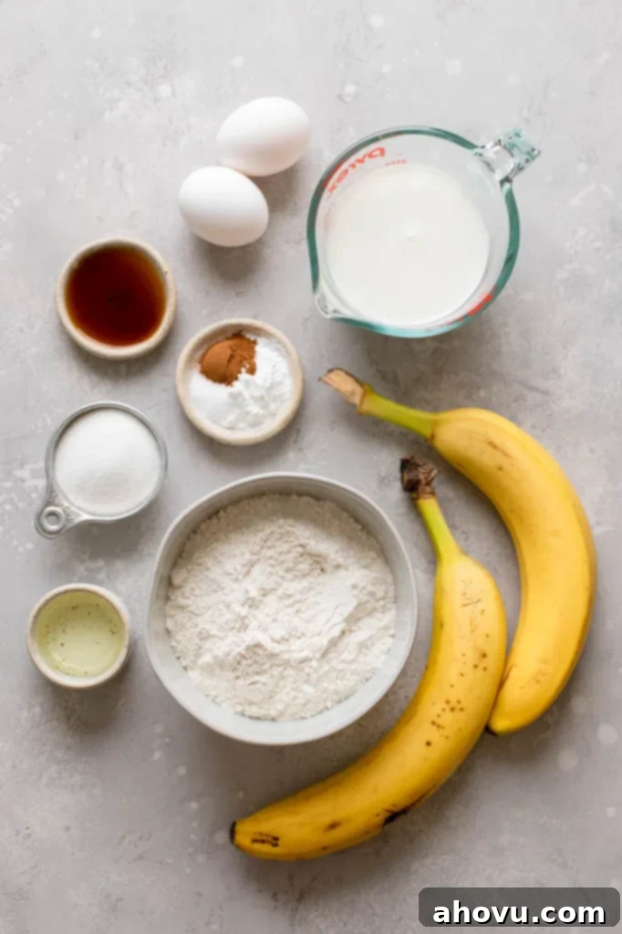 Overhead view of the ingredients needed to make homemade banana pancakes. 