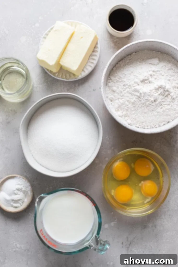 An inviting overhead view displays all the essential ingredients laid out for baking a homemade vanilla cake and preparing its fluffy vanilla frosting.