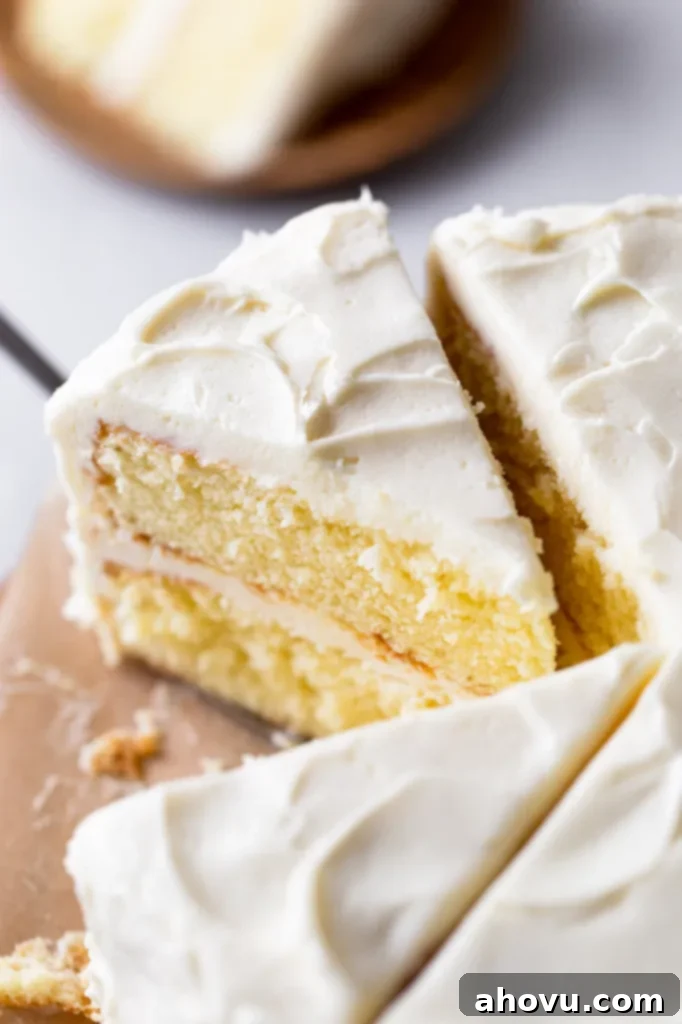 An inviting overhead shot of a freshly sliced vanilla cake, with one perfect slice already removed, showcasing the fluffy texture and creamy frosting.