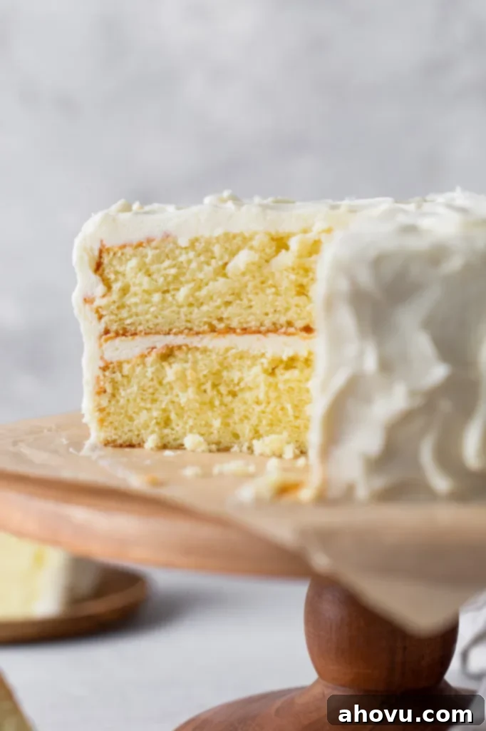 A fluffy vanilla cake lavishly frosted with creamy vanilla buttercream, captured from the side. A slice has already been removed from the cake stand, inviting others to indulge.