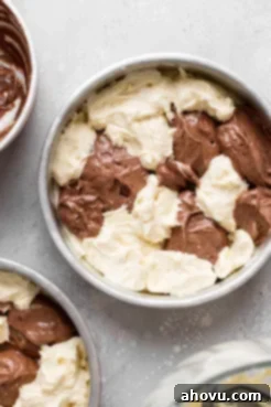 An overhead view of chocolate and vanilla cake batter dolloped into a round cake pan.