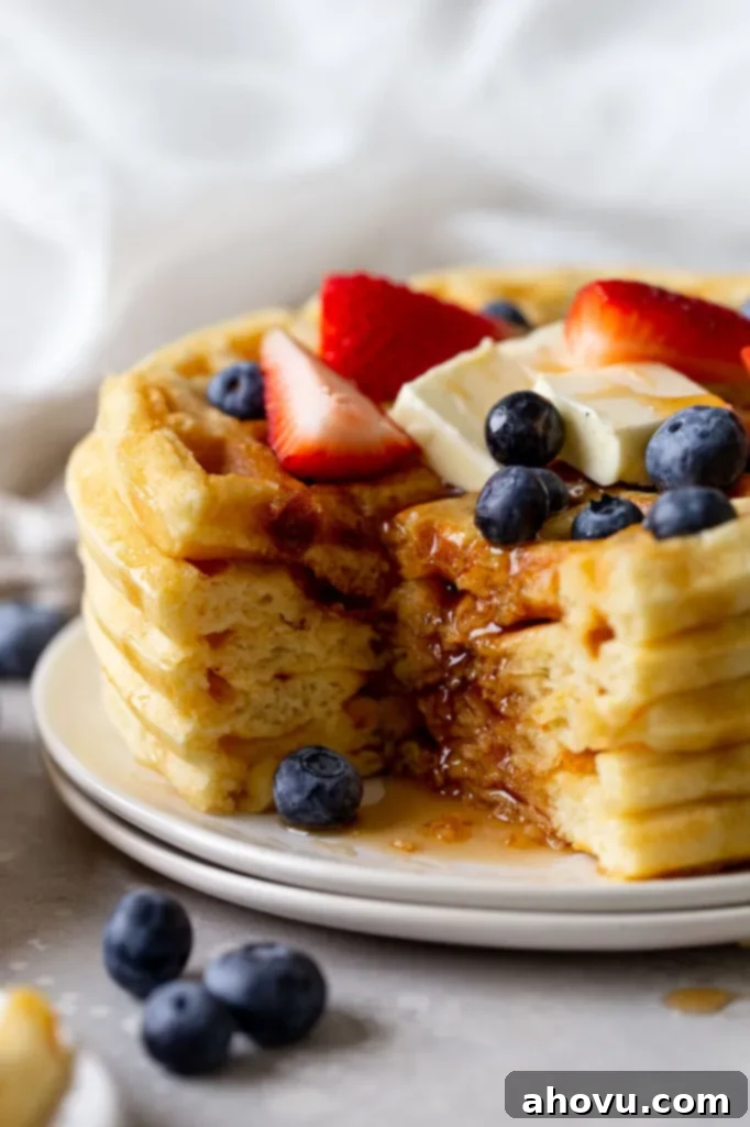 A stack of four fluffy waffles from scratch, topped with fresh fruit, butter, and syrup. A big bite is missing from the stack. 
