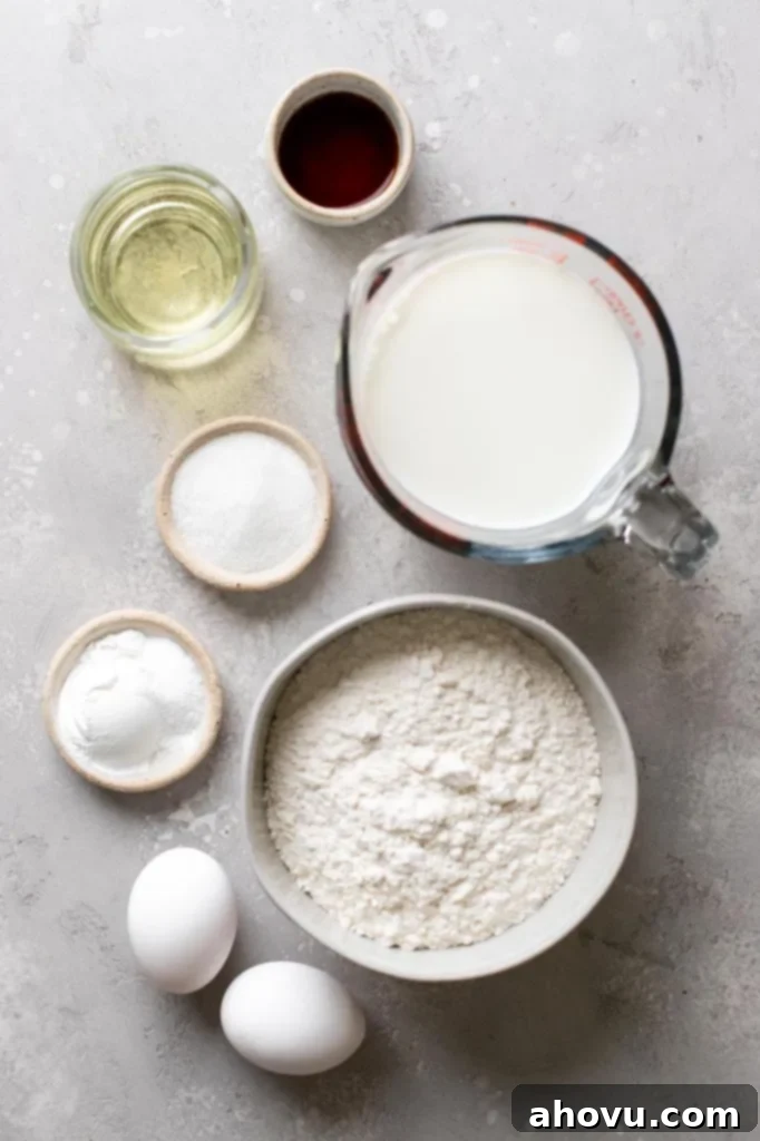 An overhead view of the ingredients needed to make homemade waffles. 