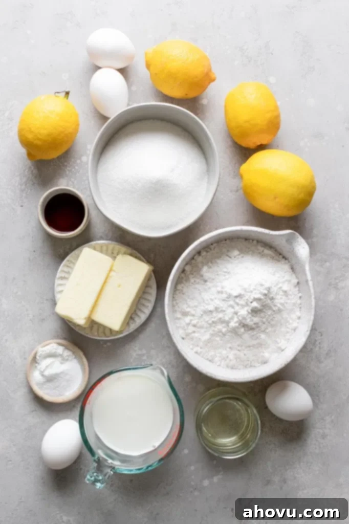 An overhead view of the ingredients needed to make a lemon cake from scratch. 