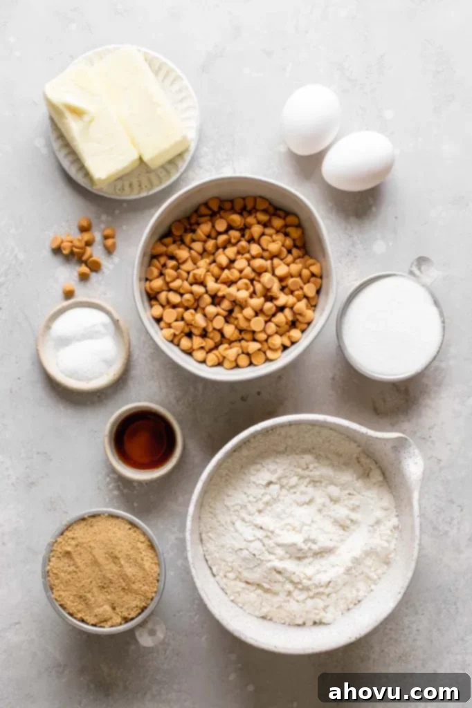 Golden Butterscotch Bites 3 An overhead view of the ingredients needed to make butterscotch cookies.