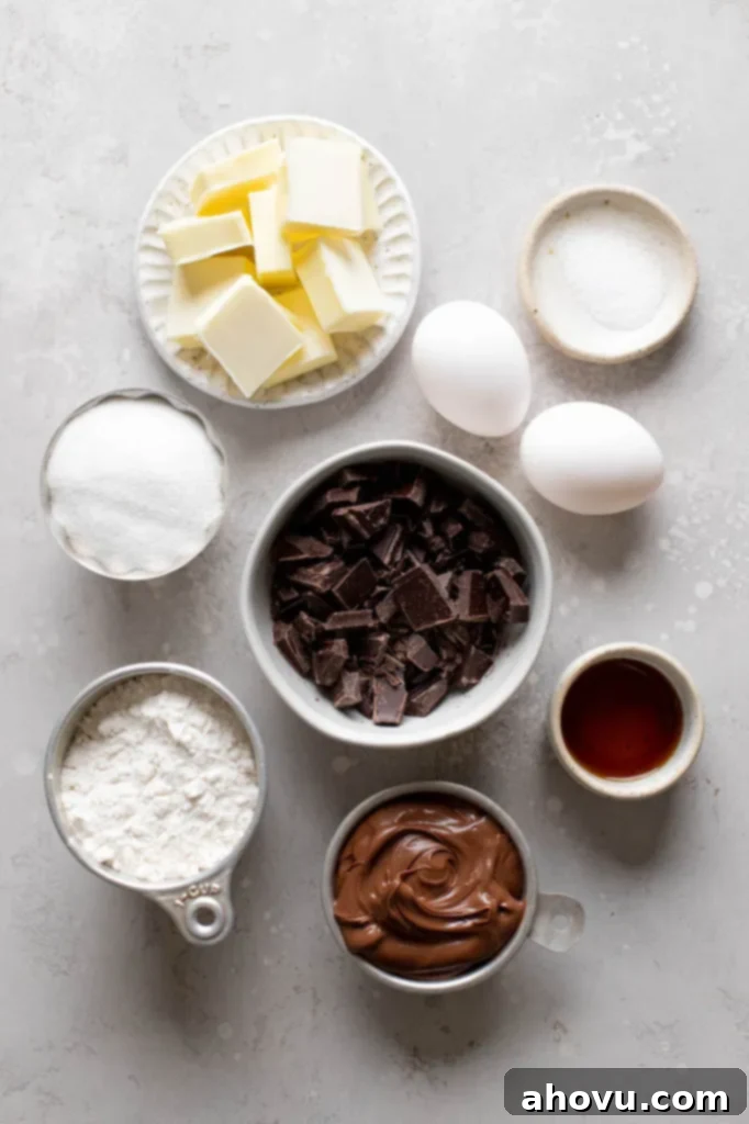 An overhead view showcasing all the simple ingredients required to bake homemade Nutella brownies, neatly arranged on a flat surface.