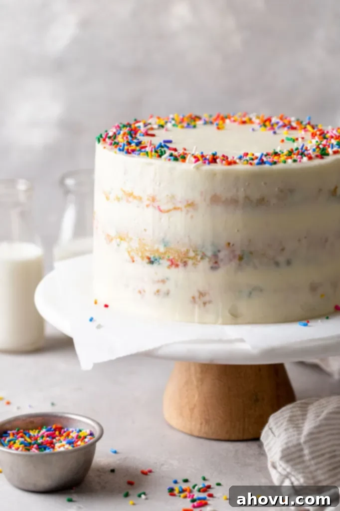 A homemade funfetti cake on a cake stand. Two glass bottles of milk are in the background and a dish of sprinkles is in the foreground. 
