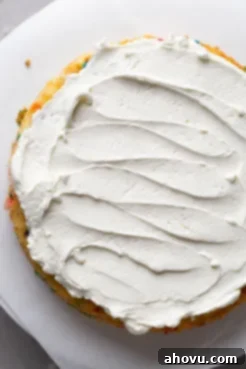 Overhead view of a cake layer topped with frosting.