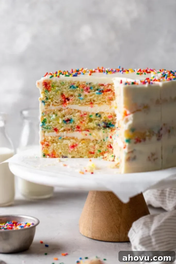 A funfetti birthday cake that's been sliced on a cake stand. 