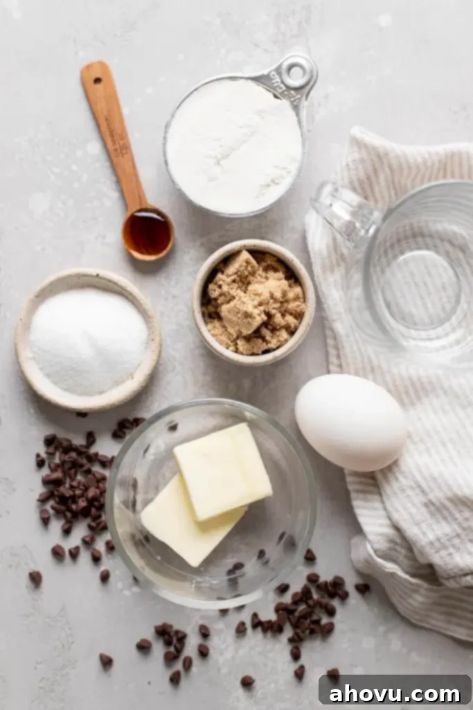 Decadent Chocolate Chip Mug Fix 3 An overhead shot showcasing the essential ingredients for making a microwave chocolate chip cookie in a mug: butter, sugars, flour, egg yolk, vanilla extract, and mini chocolate chips, all neatly arranged on a rustic surface.