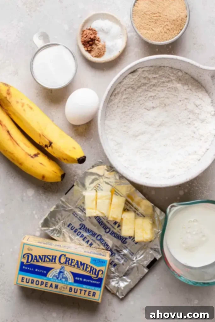 An overhead view of the ingredients needed to make a banana cupcake recipe. 