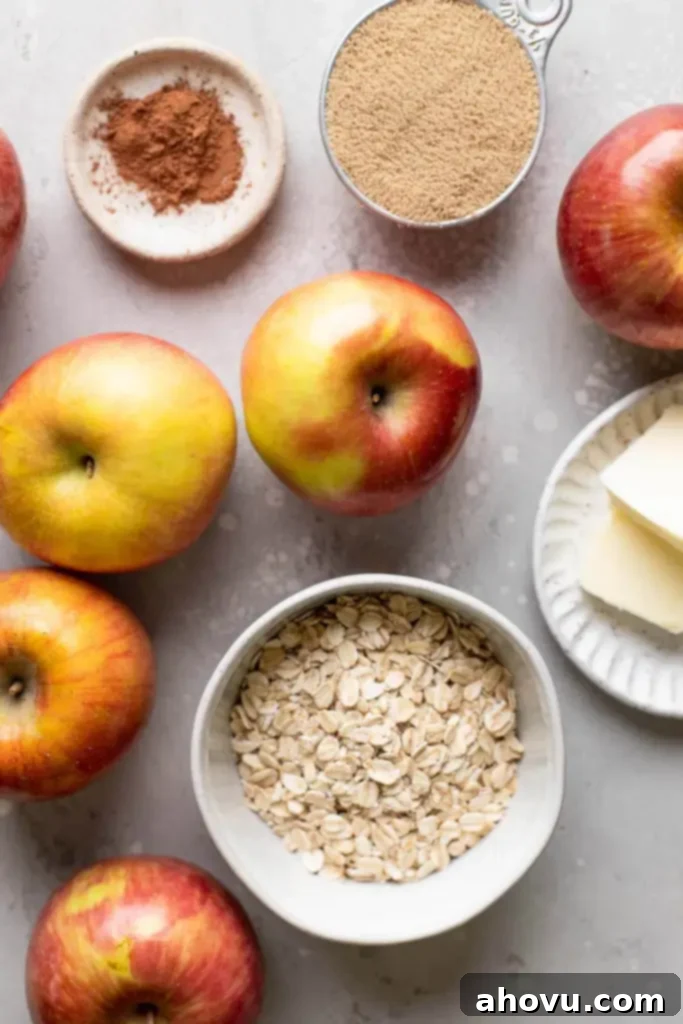An overhead view of the ingredients needed to make baked apples in the oven.