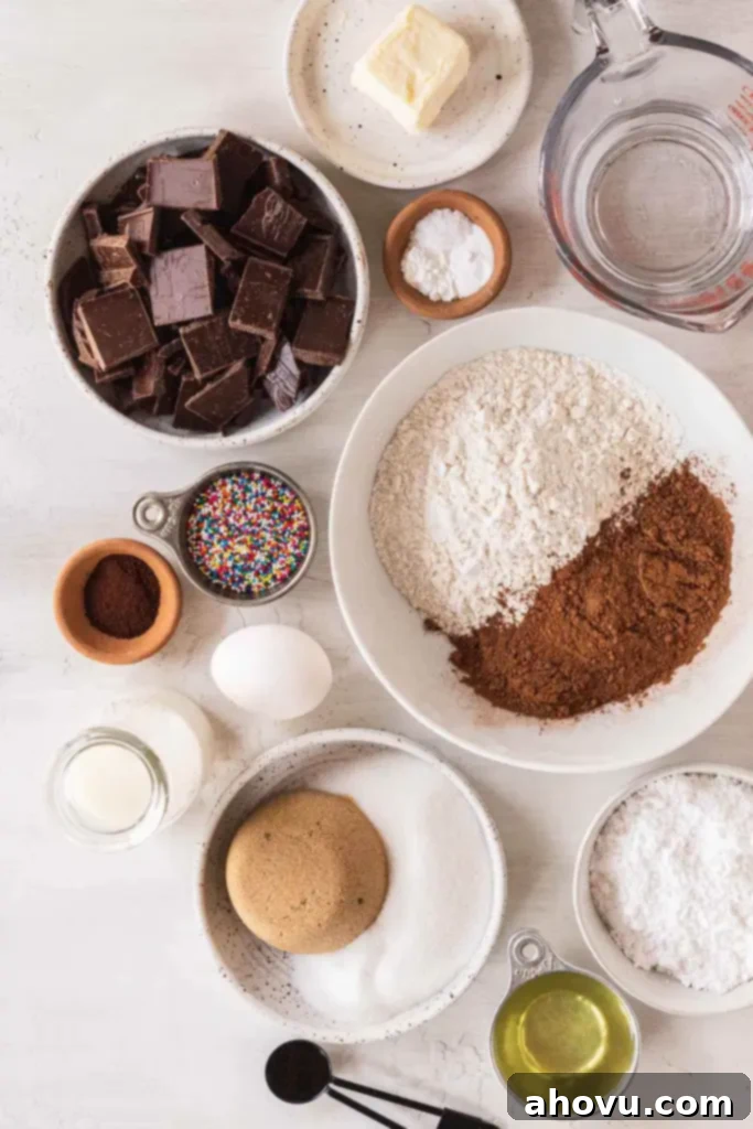 An inviting overhead view showcasing all the essential ingredients meticulously laid out for preparing delicious homemade chocolate cake pops, emphasizing freshness and preparation.