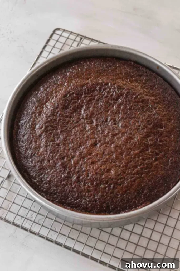 A freshly baked chocolate cake, still in its round pan, resting on a wire rack to cool down completely, indicating the first step of preparation for cake pops.
