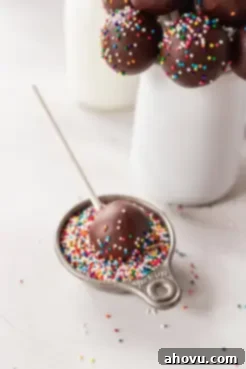 A freshly dipped chocolate cake pop being rolled in colorful sprinkles, with more finished cake pops elegantly arranged in a vase in the background, showcasing the decorative step.