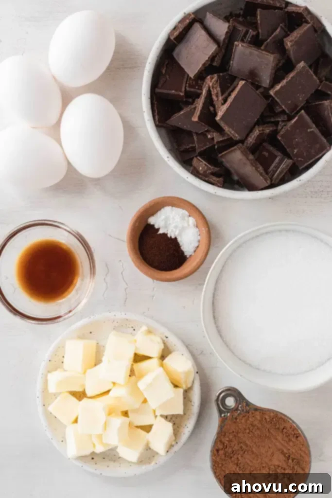 An overhead view of the ingredients needed to make a flourless cake. 
